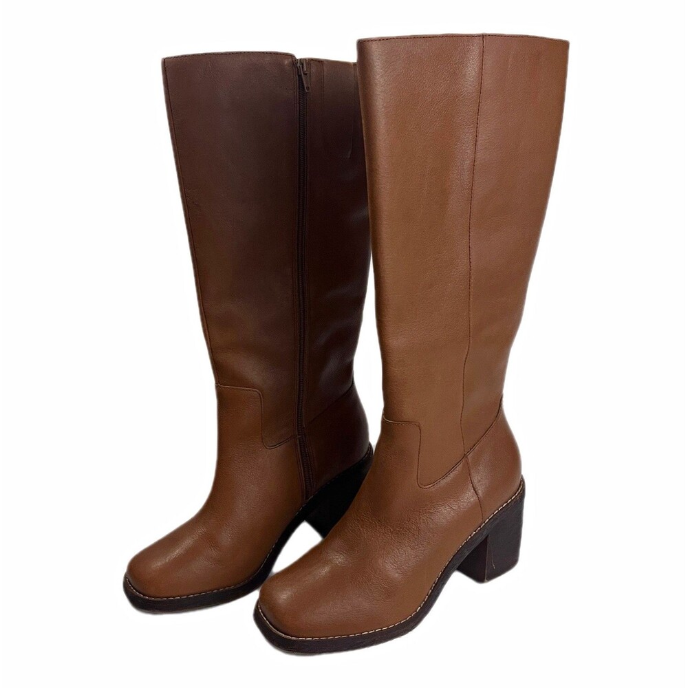 Crown Vintage HATY Brown Leather Knee High Wide Calf Side Zip Boots 9.5W-WC/41